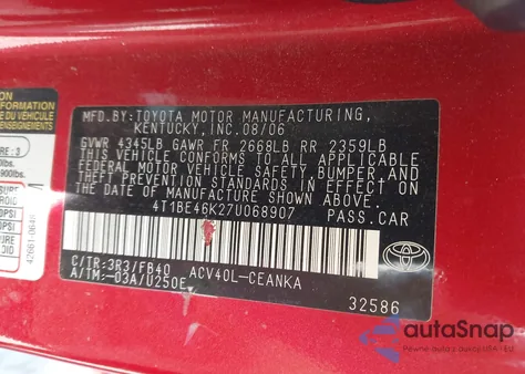 2007 Toyota Camry Le from USA, damaged, VIN 4T1BE46K27U068907